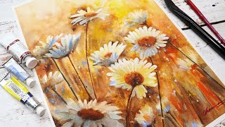 How to Paint Sunset Landscape of Daisies Field Tutorial/ Relaxing Painting