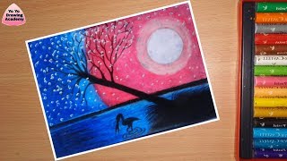 How to Draw a Beautiful Purple Moonlight Scenery with Oil Pastel - Step by Step