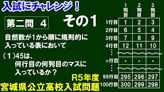 【入試にチャレンジ】Ｒ５年度 宮城県公立高校入試　規則性の問題　その１〔１/２〕第二問 ４（1）45は何行目の何列目？