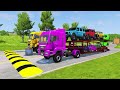 transporting pixar cars u0026 fruits with colored u0026 john deere vs claas vs tractors beamng.drive 962