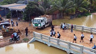 Stopped Flood From Canal sink village!! Dump Truck Loading Stone Filling Canal & Bulldozer Pushing.