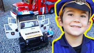 Giant Surprise Toy Unboxing! Bruder Police Jeep & Fire Trucks Pretend Play | JackJackPlays