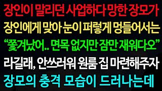 실화사연-장인이 말리던 사업하다 망한 장모가 장인에게 맞아 눈이 퍼렇게 멍들어서는 “쫓겨났어.. 면목 없지만 잠만 재워다오” 라길래, 안쓰러워 원룸 집 마련해주자 장모의 충격 모습