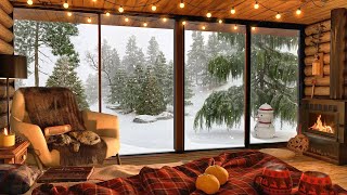 Snow Falling Day in Cozy Winter Cabin Ambience with Fireplace Sound and Relaxing Snowfall