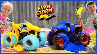 Monster Trucks cardboard DIY Obstacle Course Painting Racing and Truck Washing