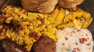 Vegan Breakfast - Sausage, Bacon, Cheese, Grits, Eggs, Garlic Fries Onion Jalopeno, Cinnamon Biscuit