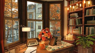 Rainy Autumn Day in Cozy Reading Nook with Falling Leaves and Fall Rain on Window Ambience