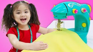 Suri & Annie Pretend Play with Toy Sewing Machine and Sews Beautiful Dresses