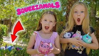 Finding Hidden Animals In Our Backyard! Surprise Squeezamals Scavenger Hunt!!