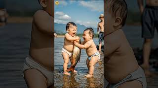 Two toddlers holding a big fish in a shallow river#cute #funny #toddlers #bigfish #nature #childhood