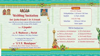 Sow. S. Gayathri weds Chi. K. Madhavan (a) Harish. At: S.V.R. Mandapam, Muhurtham: 10.02.2023, 8am