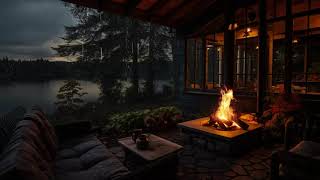 Rainy Night on Lakeside Ambience in Cozy Cabin Porch with Rain fall on Roof and Relaxing Campfire