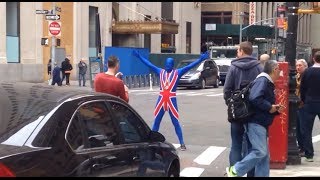 Man wearing a full body spandex UK flag suit - UK Spider-Man - Just in New York