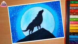 How to draw Scenery of Moonlight Wolf with Oil Pastel - step by step