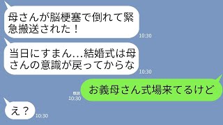 【LINE】結婚式当日、義母が脳梗塞で緊急入院したと新郎から連絡→義母「今式場着いたわ。式楽しみね！」→式中止のために大嘘ついたアフォ男の末路がwww