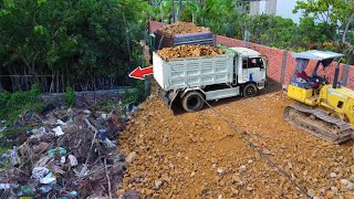 Nice Showing Action LandFill Construction!Dump Truck \u0026 Bulldozer D31 Technique Pushing Soil,Mix VDO