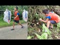 The orphan boy collected plastic bottles and cut bamboo shoots to sell.