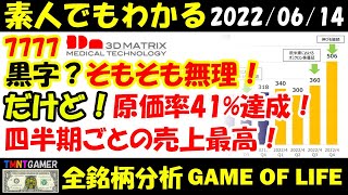 【全銘柄分析】7777 スリー・ディー・マトリックス！円安は追い風！原価率41%達成！現金28億円！売上の成長は最重要！研究開発費減少傾向！【20220614】