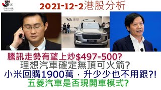 【港股分析】2021-12-2騰訊可上漲$497-500?小米回購，作用不大嗎?汽車股要睇那兩隻?阿里巴巴格局是否不明朗?