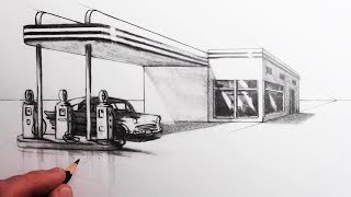 How to Draw a Building in 1-Point Perspective: Draw a Gas Station