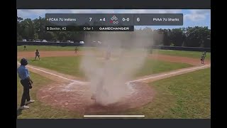 It's called a dust devil, looks like a mini tornado; this happened when one landed at home plate dur