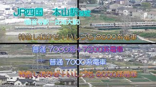 JR四国　予讃線　本山駅付近(観音寺駅ー比地大駅)　特急しおかぜ＋いしづち　8000系電車　8600系電車　快速サンポート　7000系電車　七宝山系山麓からの眺望