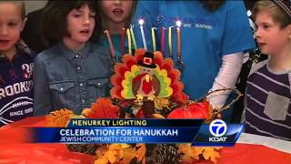 Menurkey lit to commemorate Chanukah-Thanksgiving crossover