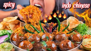 COOKING \u0026 EATING SPICY SCHEZWAN NOODLES WITH BIG VEG MANCHURIAN BALLS GRAVY | EATING INDO-CHINESE