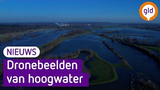 Dronebeelden hoogwater boven Tiel en Wageningen