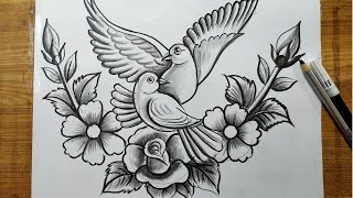 how to draw a pigeon and rose flowers with pencil sketch,how to draw birds and flowers,bird drawing,