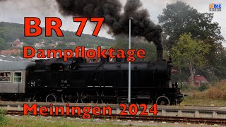 BR 77 250 bei der Ausfahrt in Meiningen anläßlich des Dampflokfestes 2024.