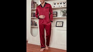 Ekouaer Men's Silk Pajama Set Long Satin Loungewear 2 Piece Pjs Classic Button Down Sleepwear