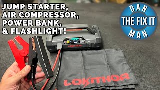 LOKITHOR JA300 JUMP STARTER / AIR COMPRESSOR / POWER BANK / EMERGENCY FLASHLIGHT UNBOXING AND REVIEW