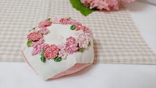 [프랑스자수 ENG SUB] 벚꽃 입체 자수 비스꼬뉘 핀쿠션 Cherry blossom embroidery pincushion/Free pattern