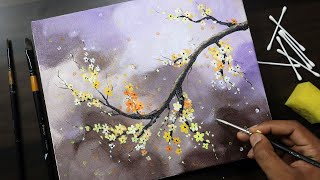 Flower Branch Acrylic On Canvas | Orange Cherry Blossom | Step By Step Painting For Beginners
