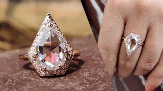 3.48 TCW Pear Rose Cut and Round Colorless Moissanite Kite Shape Halo Engagement Ring | Wedding Ring