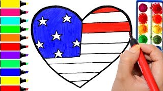 USA Heart Coloring Page, Drawing American Flag Independence Day, Learn to Color