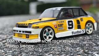 Race prepped Tamiya M-05 with Mon-Tech Renault Turbo 5 body