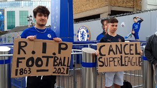 Chelsea Fans Protest Against The European Super League Outside Stamford Bridge