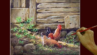 Acrylic Landscape Painting in Time-lapse / Barn with Chickens / JMLisondra