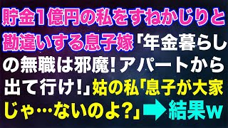 【スカッとする話】貯金1億円の私をすねかじりと勘違いする息子嫁「年金暮らしの無職は邪魔！アパートから出て行け！」姑の私「あのね息子が大家じゃ…ないのよ？」→結果がw【修羅場】