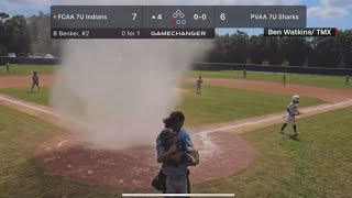 Dust devil appears in middle of home plate during baseball game in Florida