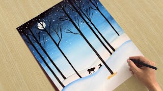 Winter landscape to draw || Easy Winter Snowfall Scenery Drawing for Beginners with Oil Pastels