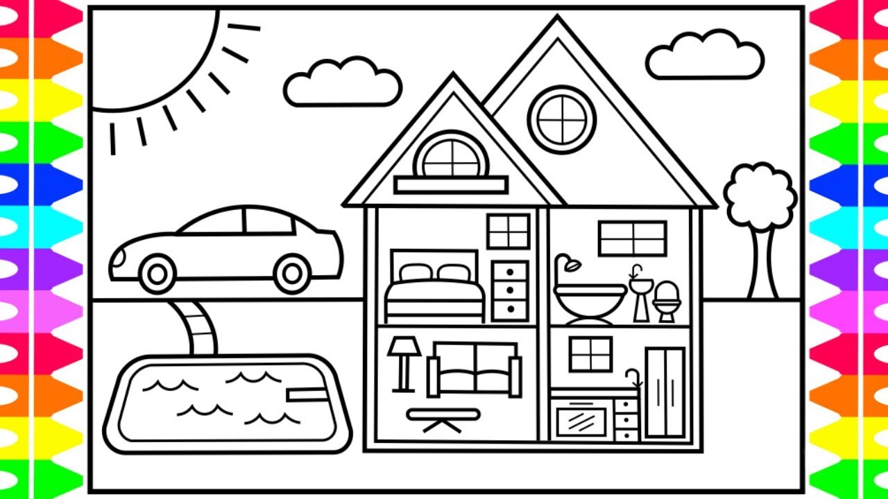 How To Draw A Dollhouse With Pool For Kids 💚💙💜Dollhouse Drawing ...