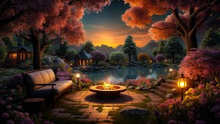 Dreamy Spring Sunset 🌅🌷 Lakeshore Ambience with Gentle Birdsongs \u0026 Cozy Fireplace Sounds