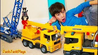 Fishing With Crane Trucks! | Toy Construction Vehicle Pretend Play for Kids | JackJackPlays