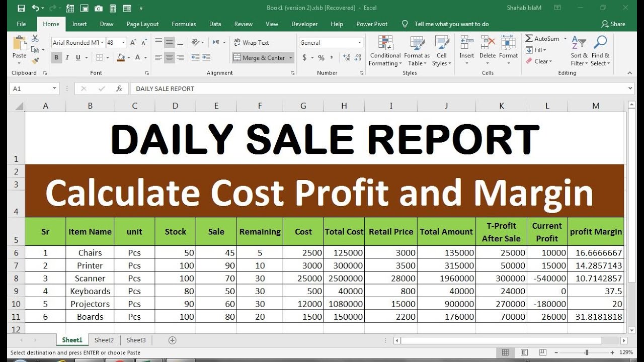 How To Make Sale Report Cost Profit And Margin Calculate In Excel - YouTube