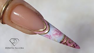 Sculpting stiletto nails with fiber gel. Porcelain effect nail art. One stroke flowers and gold foil