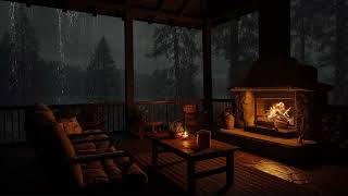 Rain Ambience on Porch | Cozy Rain Sounds drop on Roof in the Forest with Cozy Fireplace
