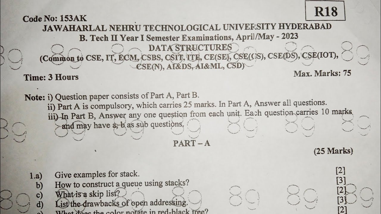 JNTUH R18 B-TECH DS Question Paper 2023 CSE II YEAR I SEM #jntuh #cse # ...